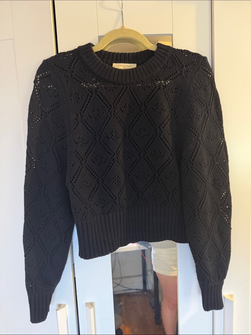 Sezane Navy Openwork Diamond Crewneck Sweater